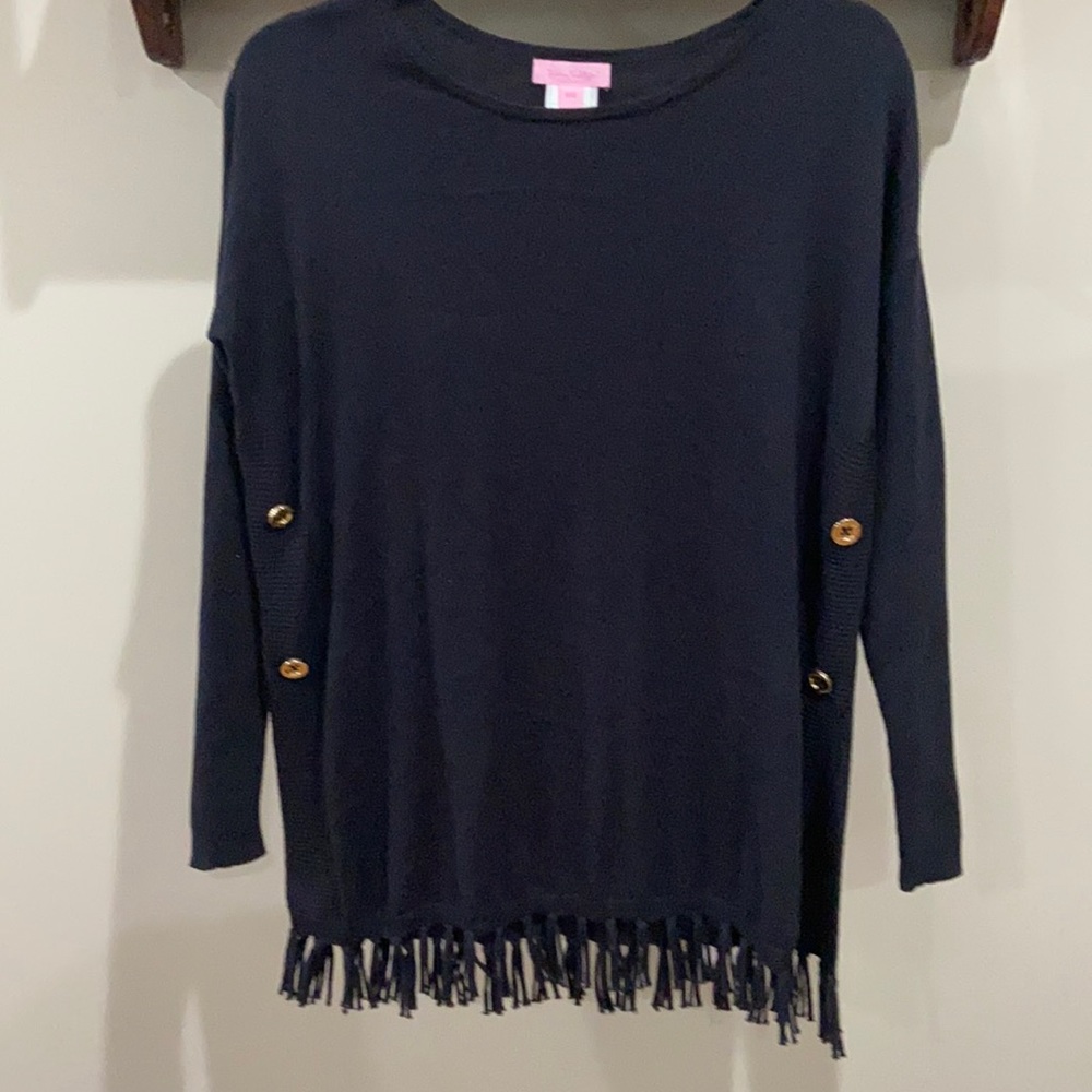 Lilly Pulitzer navy sweater so cute with fringe accent!